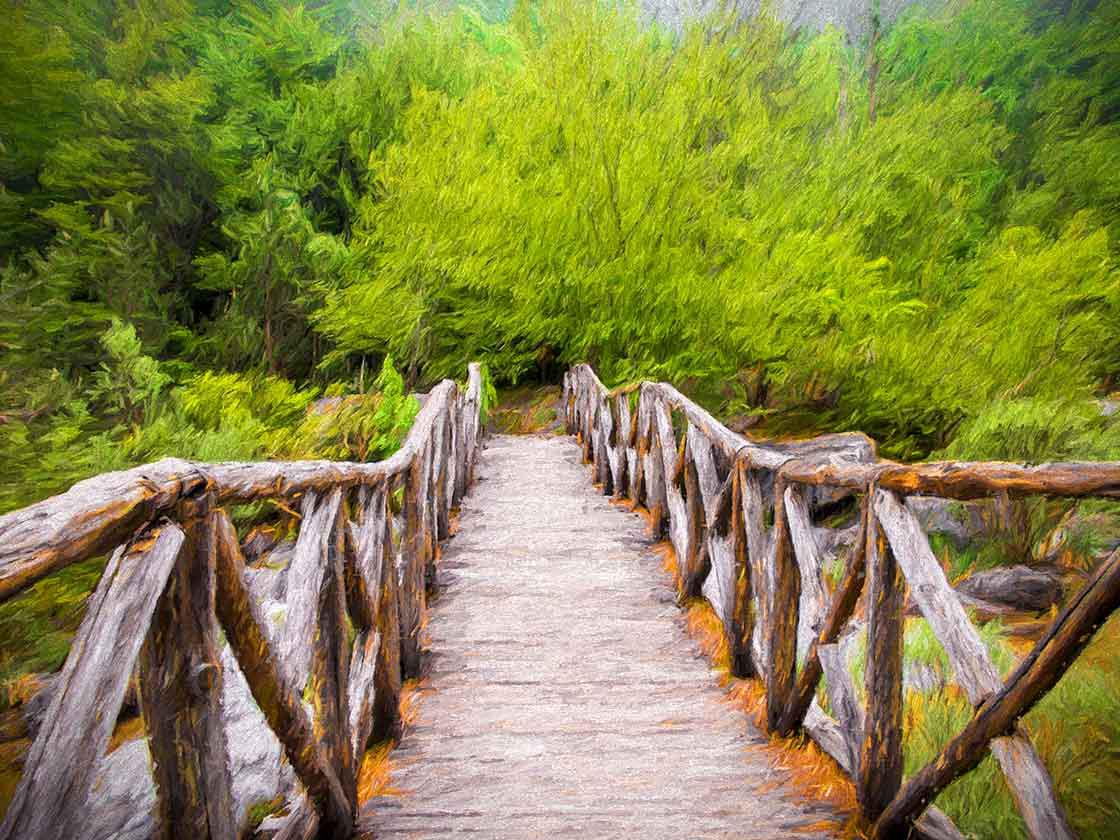 Holzbrücke über einem Fluss in den Bergen von Olymp bei Griechenland