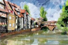 Illustration einer europäischen Stadt, Häuser am Fluß