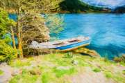Fish Boat at Blue Lake in the mountains - Painting effect