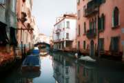 Oil painting style picture of small canal in Venice