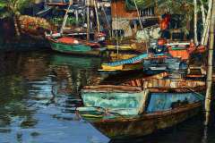 Digital painting of fishing boat on canal in Thailand